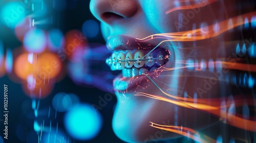 A smiling woman with braces in a vibrant, futuristic scene filled with digital light streams, evoking the integration of modern orthodontics and AI-driven healthcare innovation. AI generated.