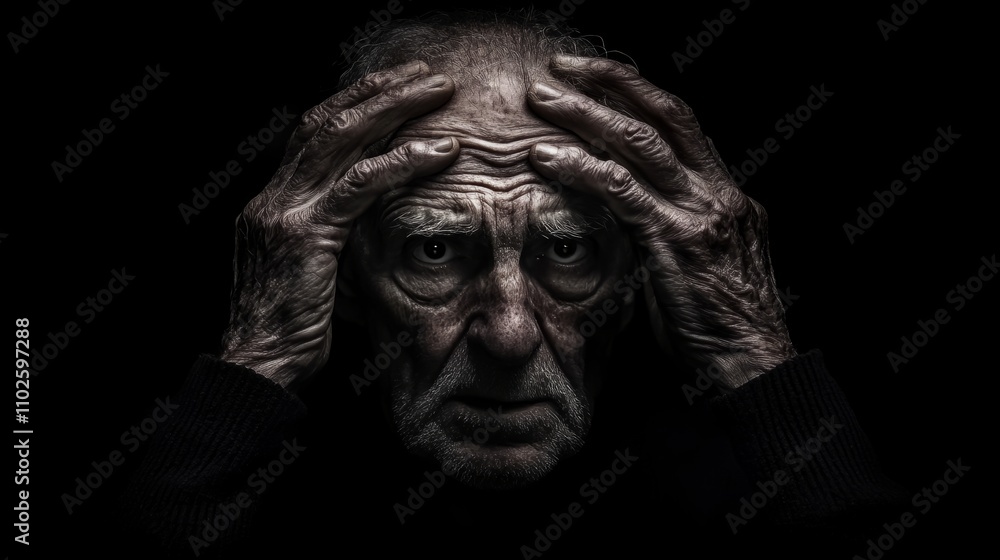 Elderly man with his hands on his head suffering from Alzheimer's symptoms. Concept of Alzheimer's, memory loss or dementia in older people Elderly man with his hands on his head suffering from Alzheimer's symptoms. Concept of Alzheimer's, memory loss or dementia in older people