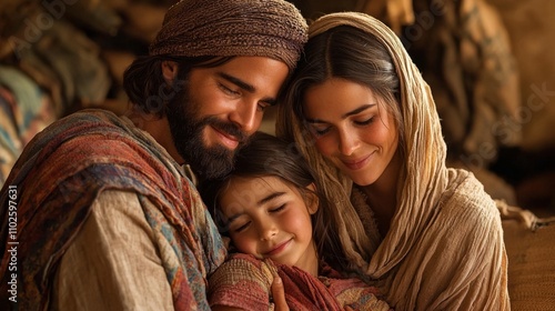 Jairus and his wife embracing their daughter as she sits up, Jesus smiling gently, vibrant tones with soft natural lighting, deeply emotional and spiritual atmosphere photo