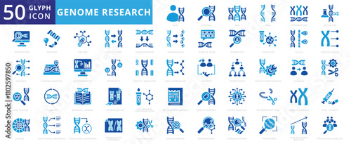 Genome research icon set of genomic, dna, engineering, protein, biology, biotechnology, genetic, chromosome, mutation, cloning, enzyme, marker, rna, heredity, transcription, inheritance, nucleotide