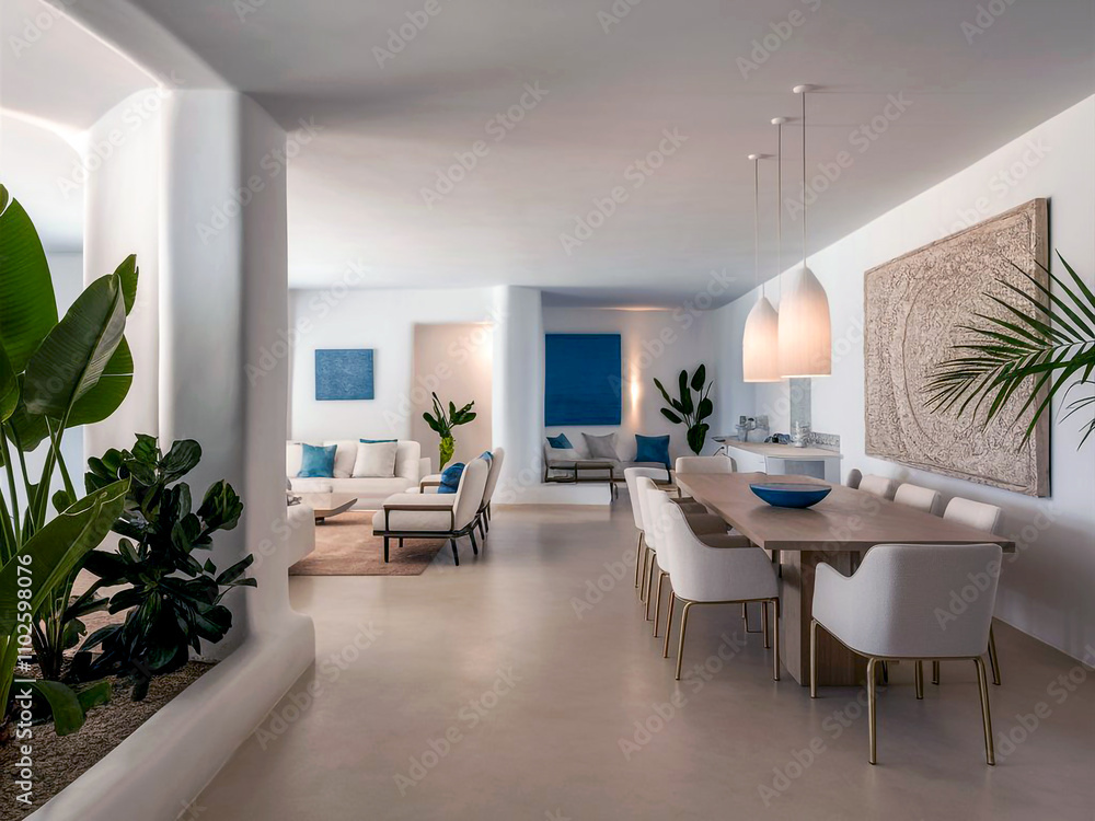 Fototapeta premium Artistic loft-style living room with high ceilings statement lighting and creative décor arrangements.