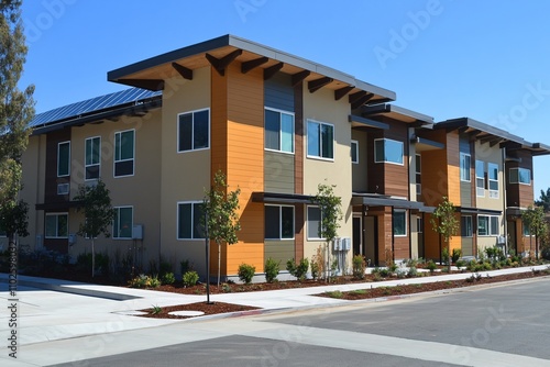 Modern Residential Building with Solar Panels and Green Landscape