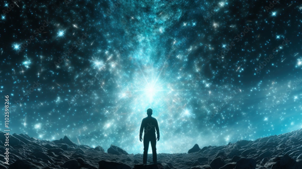 A Silhouette of a Person Standing on a Rocky Surface Gazing into the Cosmic Universe Filled with Stars and Bright Lights in a Mystical Night Sky A Silhouette of a Person Standing on a Rocky Surface Gazing into the Cosmic Universe Filled with Stars and Bright Lights in a Mystical Night Sky