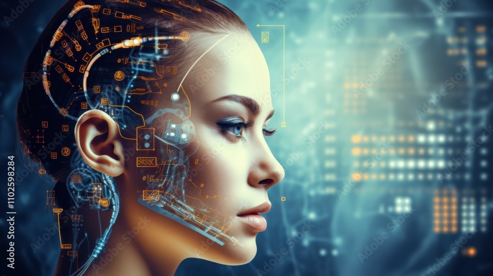 Futuristic Profile of a Woman with High-Tech Interface Elements and Digital Data Around Her in a Conceptual Representation of Artificial Intelligence and Technology Futuristic Profile of a Woman with High-Tech Interface Elements and Digital Data Around Her in a Conceptual Representation of Artificial Intelligence and Technology