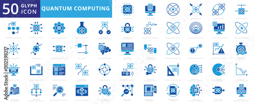 Quantum computing icon set of network, physics, system, cryptography, memory, information, algorithm, simulation, gate, circuit, mechanics, machine learning, complexity, teleportation, metrology, code