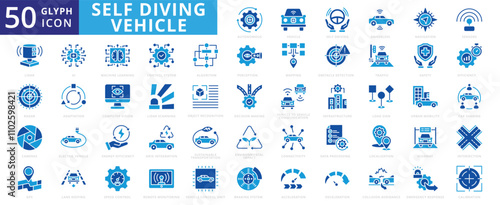 Self-driving vehicle icon set of safety, vehicle, gps, navigation, ai, radar, infrastructure, algorithm, perception, efficiency, machine learning, electric vehicle, energy efficiency, acceleration