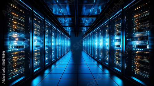 Modern Data Center with Illuminated Server Racks