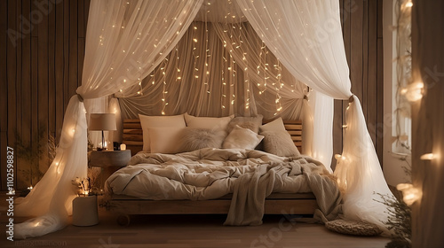 Cozy Bedroom with Warm Lighting and Sheer Canopy