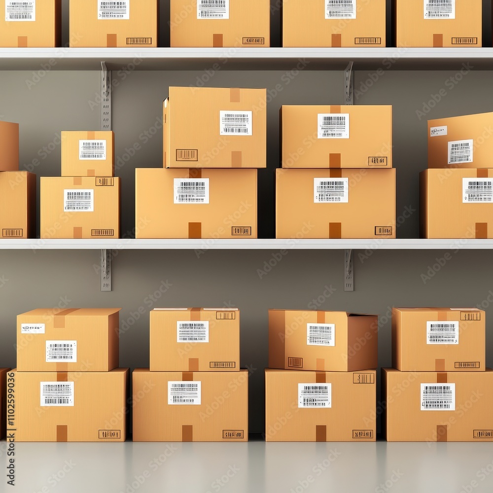 Neatly stacked product boxes with barcodes on shelf Neatly stacked product boxes with barcodes on shelf
