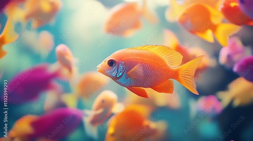 vibrant school of fish swimming in synchrony, Suitable for aquarium or marine-themed campaigns vibrant school of fish swimming in synchrony, Suitable for aquarium or marine-themed campaigns