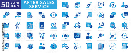 After sales service icon set of installation, communication, customer, support, repair, maintenance, feedback, inspection, quality, efficiency, satisfaction, policy, problem solving, spare part, cost