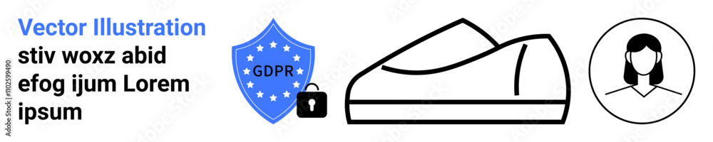 Cybersecurity shield with GDPR text, minimalist shoe icon, and user profile silhouette. Ideal for websites, mobile apps, security, privacy, footwear, user profiles, and landing page design. Landing Cybersecurity shield with GDPR text, minimalist shoe icon, and user profile silhouette. Ideal for websites, mobile apps, security, privacy, footwear, user profiles, and landing page design. Landing