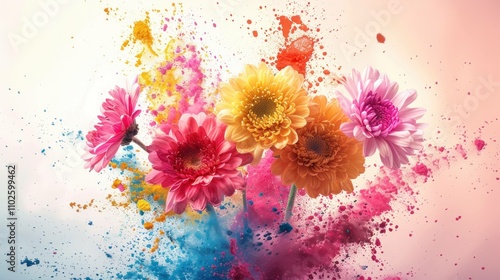 Fototapeta Naklejka Na Ścianę i Meble -  Colorful explosion of gerbera flowers surrounded by vibrant splashes of paint, representing creativity and nature's beauty.