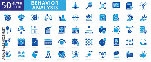 Behavior analysis icon set of pattern, data, training, learning, therapy, motivation, emotional, experiment, environmental, classical, punishment, feedback, measurement, biological, aggression, social