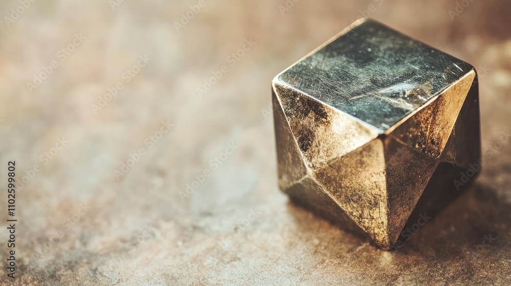 Metallic geometric shape resting on textured surface with glow Metallic geometric shape resting on textured surface with glow