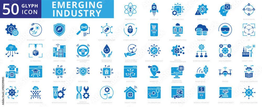 Emerging industry icon set of fintech, ai, technology, innovation, cloud computing, sustainability, cyber security, big data, drone, e-commerce, blockchain, automation, vr, iot, renewable energy Emerging industry icon set of fintech, ai, technology, innovation, cloud computing, sustainability, cyber security, big data, drone, e-commerce, blockchain, automation, vr, iot, renewable energy