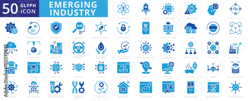 Emerging industry icon set of fintech, ai, technology, innovation, cloud computing, sustainability, cyber security, big data, drone, e-commerce, blockchain, automation, vr, iot, renewable energy