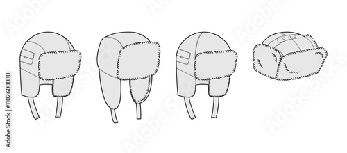 Set of Trapper Hats - Utility Ushanka Aviator. Winter Head Fashion accessory cap with fur clothing technical illustration. Vector headgear for Men, women, unisex style, flat template CAD mockup sketch
