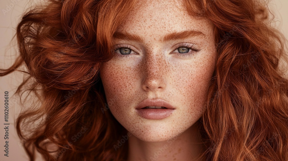 A close-up portrait of a woman with striking red hair, soft freckles, and a serene expression, showcasing natural beauty and elegance A close-up portrait of a woman with striking red hair, soft freckles, and a serene expression, showcasing natural beauty and elegance