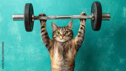 A determined tabby cat humorously lifting a barbell against a teal background, embodying strength and perseverance in a playful and whimsical manner photo