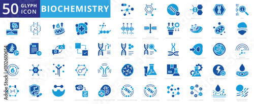 Biochemistry icon set with amino acid, enzyme, protein, nucleotide, dna, rna, lipid, carbohydrate, metabolism, glycolysis, kerbside, atp, nadh, fade, electron transport, and oxidative phosphorylation