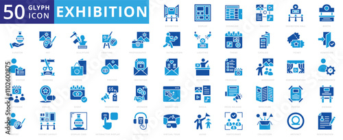 Exhibition icon set with display, showcase, gallery, exhibition hall, booth, curator, visitor, attendee, artist, art, sculpture, painting, photography, installation, lighting, theme, catalog, ticket