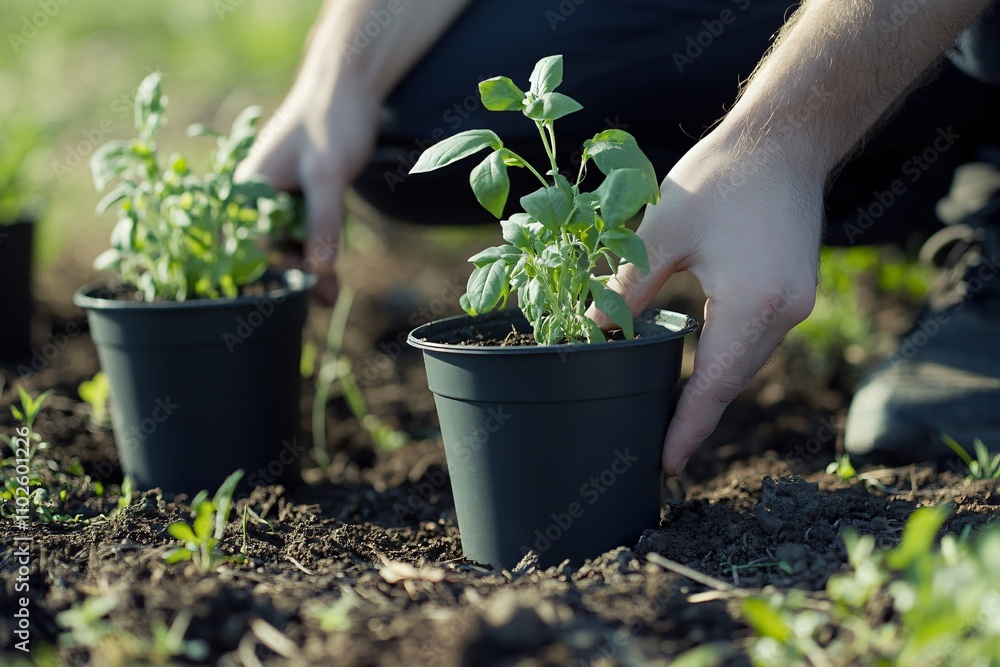 Hands Planting Seedlings in Black Pots on Fertile Soil Outdoors Hands Planting Seedlings in Black Pots on Fertile Soil Outdoors