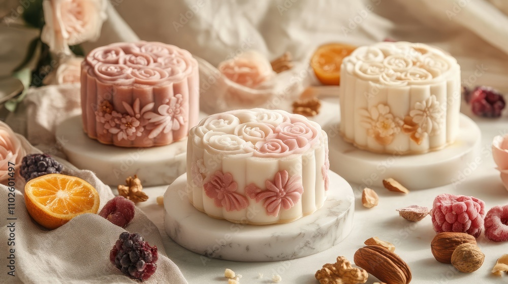 Elegant Decorative Soap Bars Arranged on Marble Surface with Flowers Elegant Decorative Soap Bars Arranged on Marble Surface with Flowers