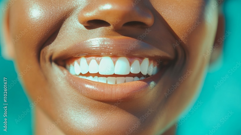 Radiant smile with perfect white teeth against blurred teal background Radiant smile with perfect white teeth against blurred teal background