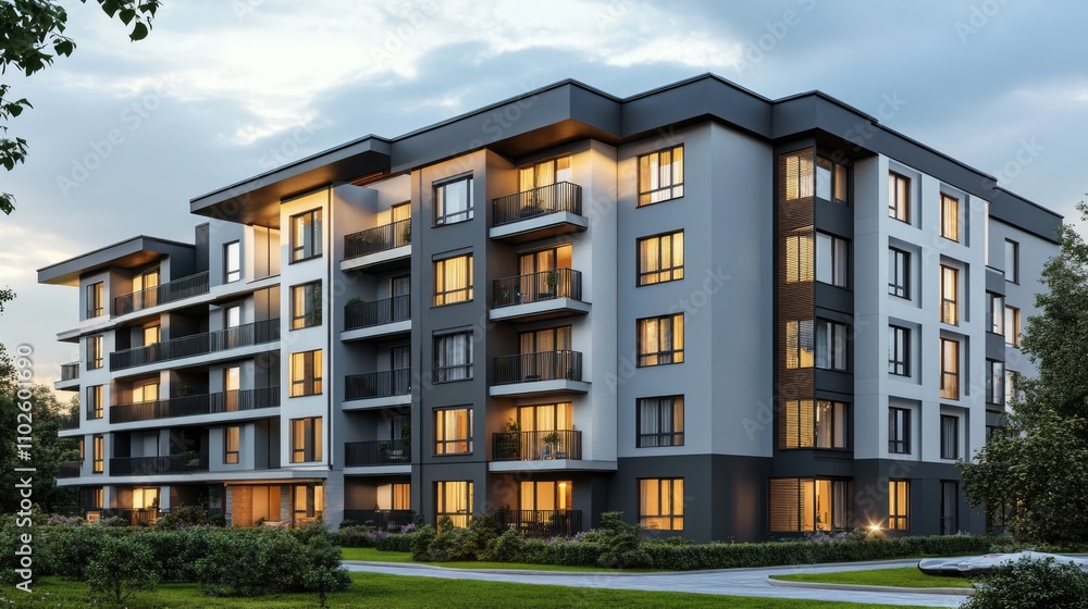 Fototapeta premium Modern Apartment Building at Dusk