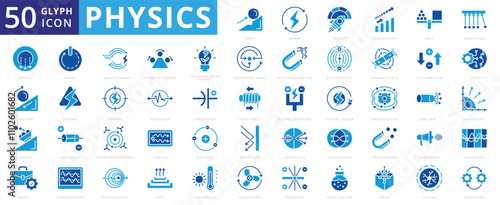 Physics icon set with force, energy, velocity, acceleration, mass, momentum, gravity, friction, inertia, work, power, kinetic, potential, conservation, centripetal, electric, and electromagnetism