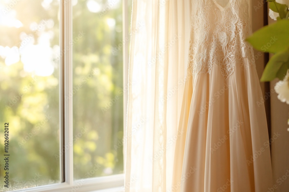 Elegant dress hanging by a sunlit window, creating a serene atmosphere. Elegant dress hanging by a sunlit window, creating a serene atmosphere.