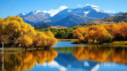 Autumn Landscape with Colorful Trees and Mountain Reflection