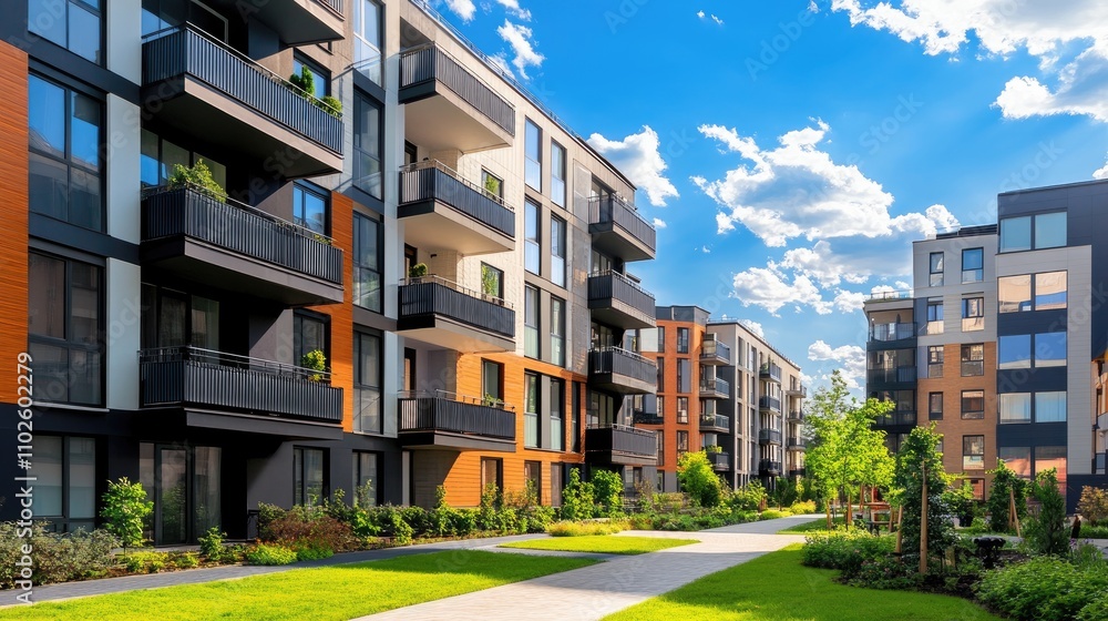 Modern Apartment Complex with Green Lawn Modern Apartment Complex with Green Lawn