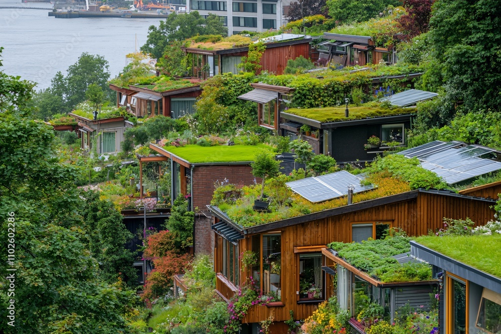 Green Roof Homes Nestled Among Lush Urban Landscape in City Green Roof Homes Nestled Among Lush Urban Landscape in City