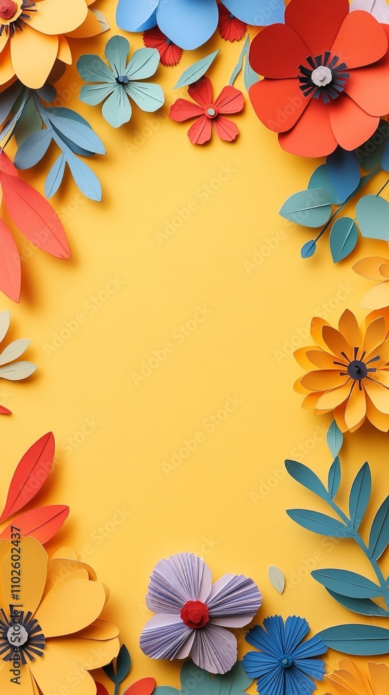 Vibrant Paper Flowers Frame on Yellow Background Vibrant Paper Flowers Frame on Yellow Background