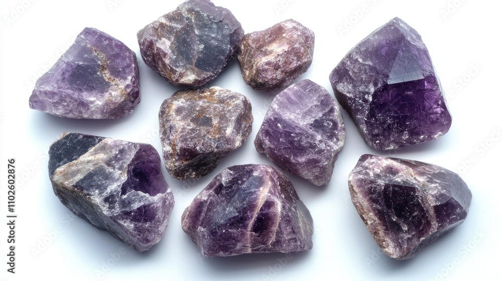 Beautiful Amethyst Stones Displayed on Bright White Background Beautiful Amethyst Stones Displayed on Bright White Background