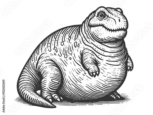 plump fat dinosaur body positive chubby T-rex body, showcasing unique, retro-inspired artwork sketch engraving generative ai vector illustration. Scratch board imitation. Black and white image.