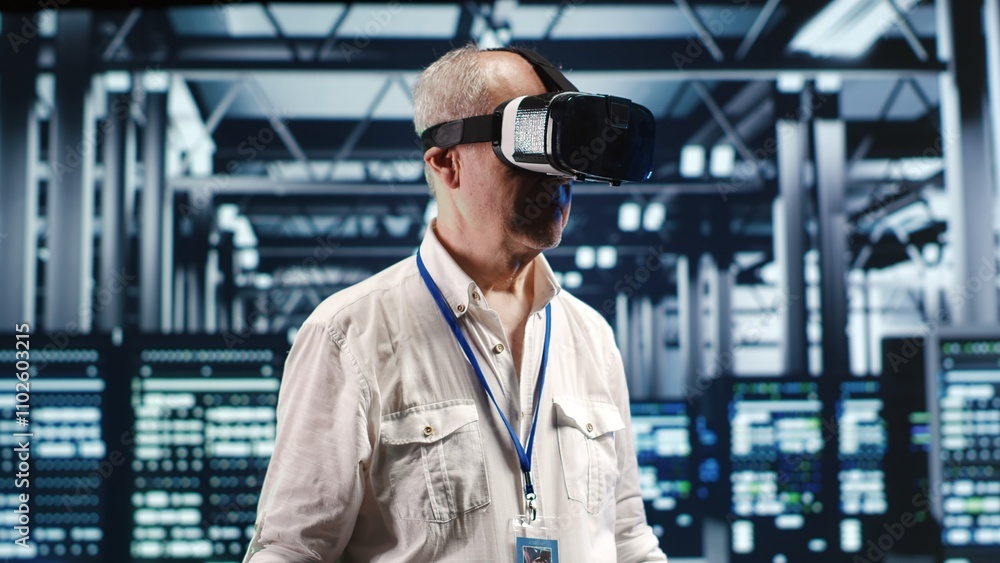Senior IT developer in modern server farm wearing virtual reality headset, performing racks maintenance. Qualified programmer using vr glasses in high tech establishment to do checkup on hardware Senior IT developer in modern server farm wearing virtual reality headset, performing racks maintenance. Qualified programmer using vr glasses in high tech establishment to do checkup on hardware