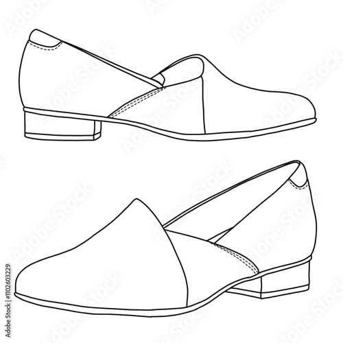 Women's Loafers and Slip On Casual Shoes Line art, Technical sketch hand drawing outline vector doodle side isometric 3D view isolated on white background for coloring page