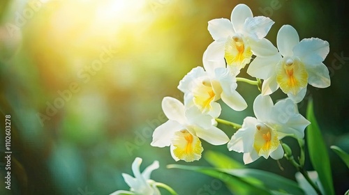 Beautiful White Orchid Flowers with Soft Green Background Light