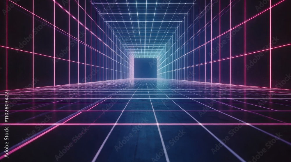 Neon Grid Tunnel with Glowing Lines and Futuristic Background Neon Grid Tunnel with Glowing Lines and Futuristic Background
