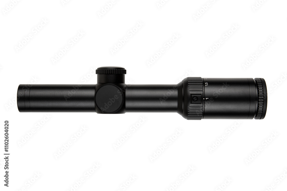 Black rifle scope with adjustment knobs and magnification settings, isolated on a white background. Black rifle scope with adjustment knobs and magnification settings, isolated on a white background.