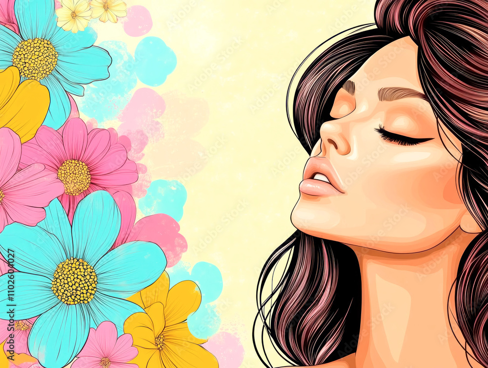 Captivating portrait of a girl amidst vibrant floral patterns in a pop art style with cheerful colors that evoke a sense of joy and beauty Captivating portrait of a girl amidst vibrant floral patterns in a pop art style with cheerful colors that evoke a sense of joy and beauty