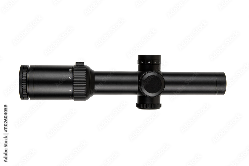 Black rifle scope with adjustment knobs and magnification settings, isolated on a white background. Black rifle scope with adjustment knobs and magnification settings, isolated on a white background.