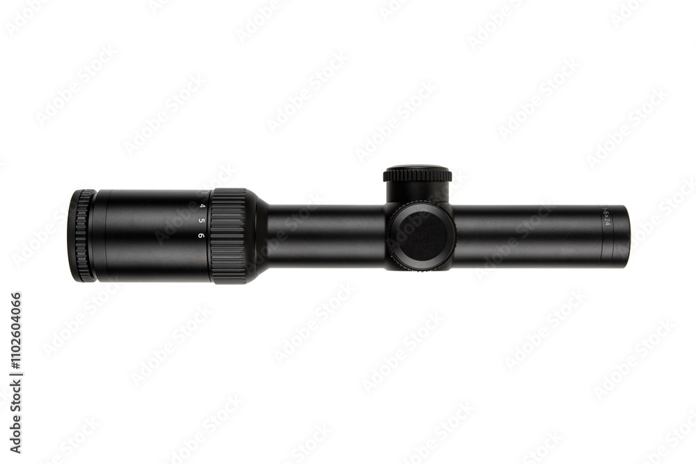 Black rifle scope with adjustment knobs and magnification settings, isolated on a white background. Black rifle scope with adjustment knobs and magnification settings, isolated on a white background.