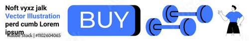Blue BUY button, two blue dumbbells, and an illustrated fitness instructor. Ideal for fitness websites, online stores, exercise guides, personal training, e-commerce, gym promotions, and landing page