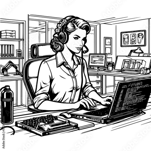 Woman working at computer with code on screen, wearing headset in office setting. Generative ai.