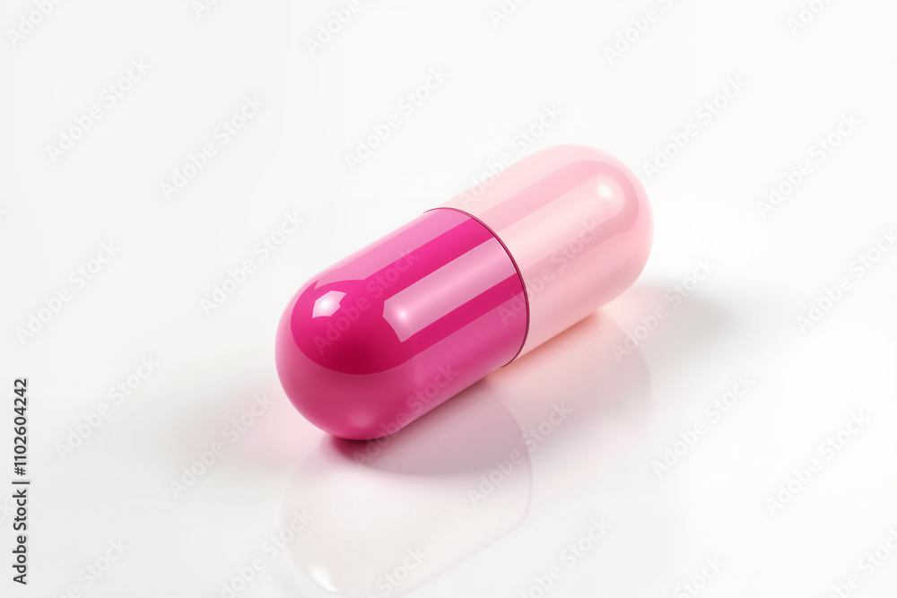 A single, shiny, pink capsule-shaped object with a darker pink end rests on a white surface, casting a subtle shadow. A single, shiny, pink capsule-shaped object with a darker pink end rests on a white surface, casting a subtle shadow.