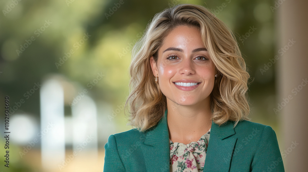 smiling woman in green blazer, showcasing confidence and professionalism in bright outdoor setting. Her wavy hair and floral blouse add touch of elegance smiling woman in green blazer, showcasing confidence and professionalism in bright outdoor setting. Her wavy hair and floral blouse add touch of elegance